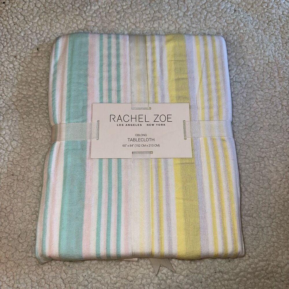 Rachel Zoe Pastel White Stripe Tablecloth Oblong 60x84” NWT